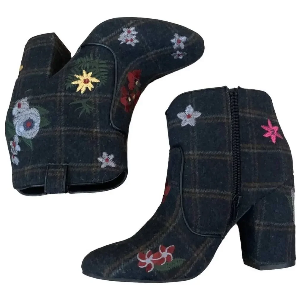 Indigo Rd. Flannel Plaid Floral Embroidered Ankle Booties Gray Multicolor 9